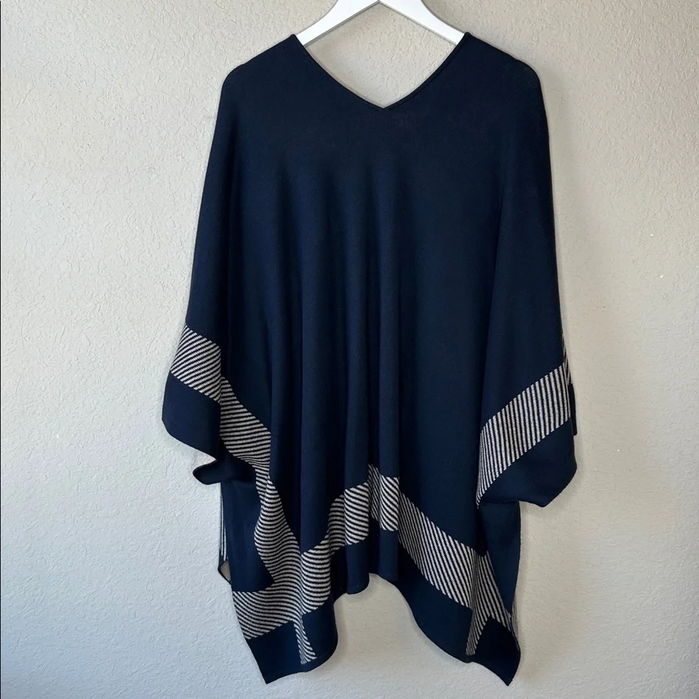 Women's Open Front Shawl Wrap One Size Warm Cape Ribbed Knit Poncho‎ Blue Cream